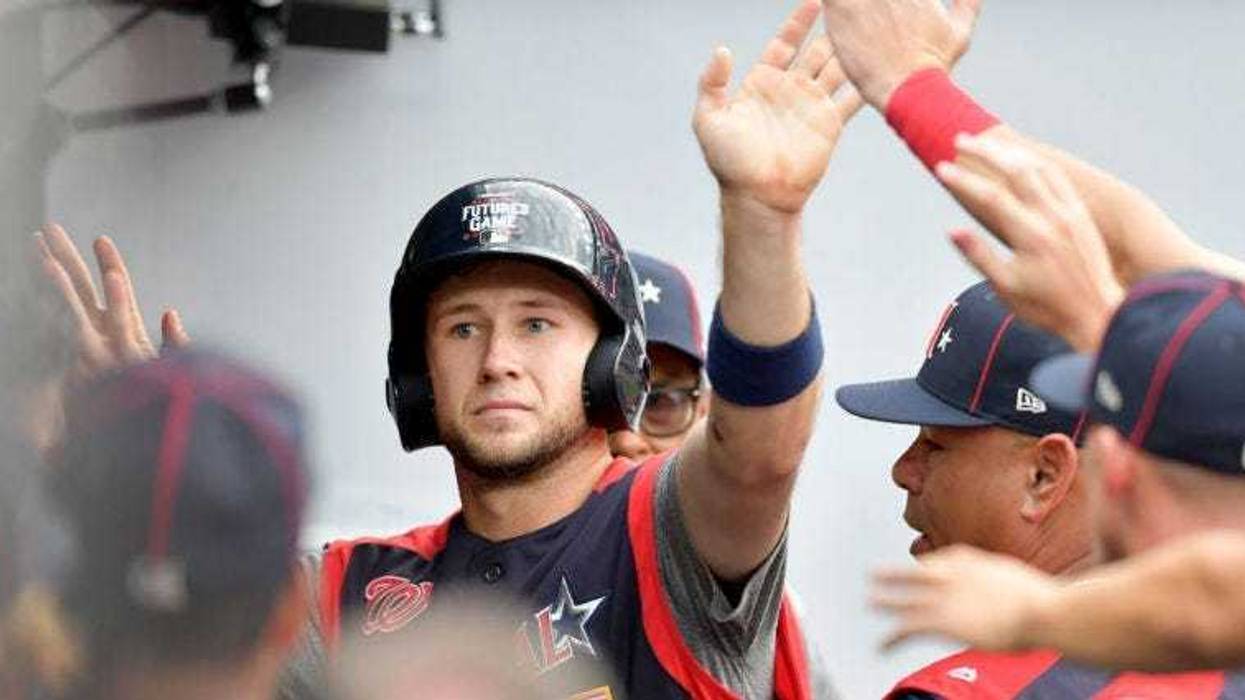 Carter Kieboom celebrates after scoring in the 2019 MLB Futures Game.