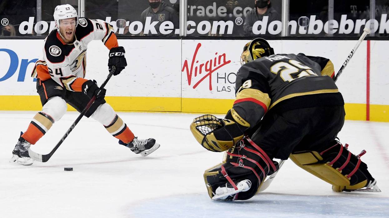 Carter Rowney #24 of the Anaheim Ducks takes a shot against Marc-Andre Fleury #29 of the Vegas Golden Knights in the third period of their game at T-Mobile Arena on February 11, 2021 in Las Vegas, Nevada.