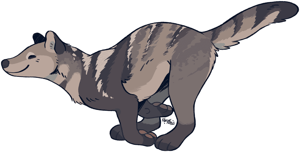 Cartoon thylacine with gray and brown stripes running happily.