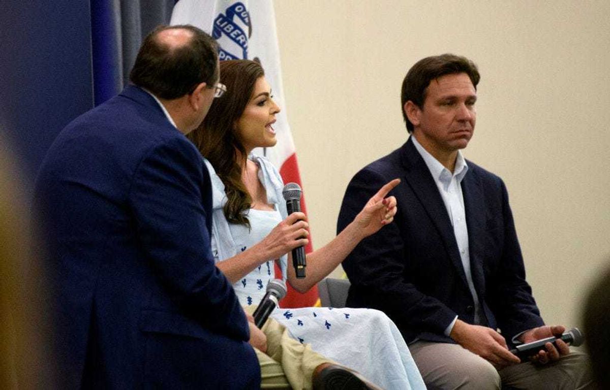 Casey DeSantis (C), wife of Florida Gov. Ron DeSantis (R), speaks during an Iowa GOP reception on May 13, 2023 in Cedar Rapids, Iowa.