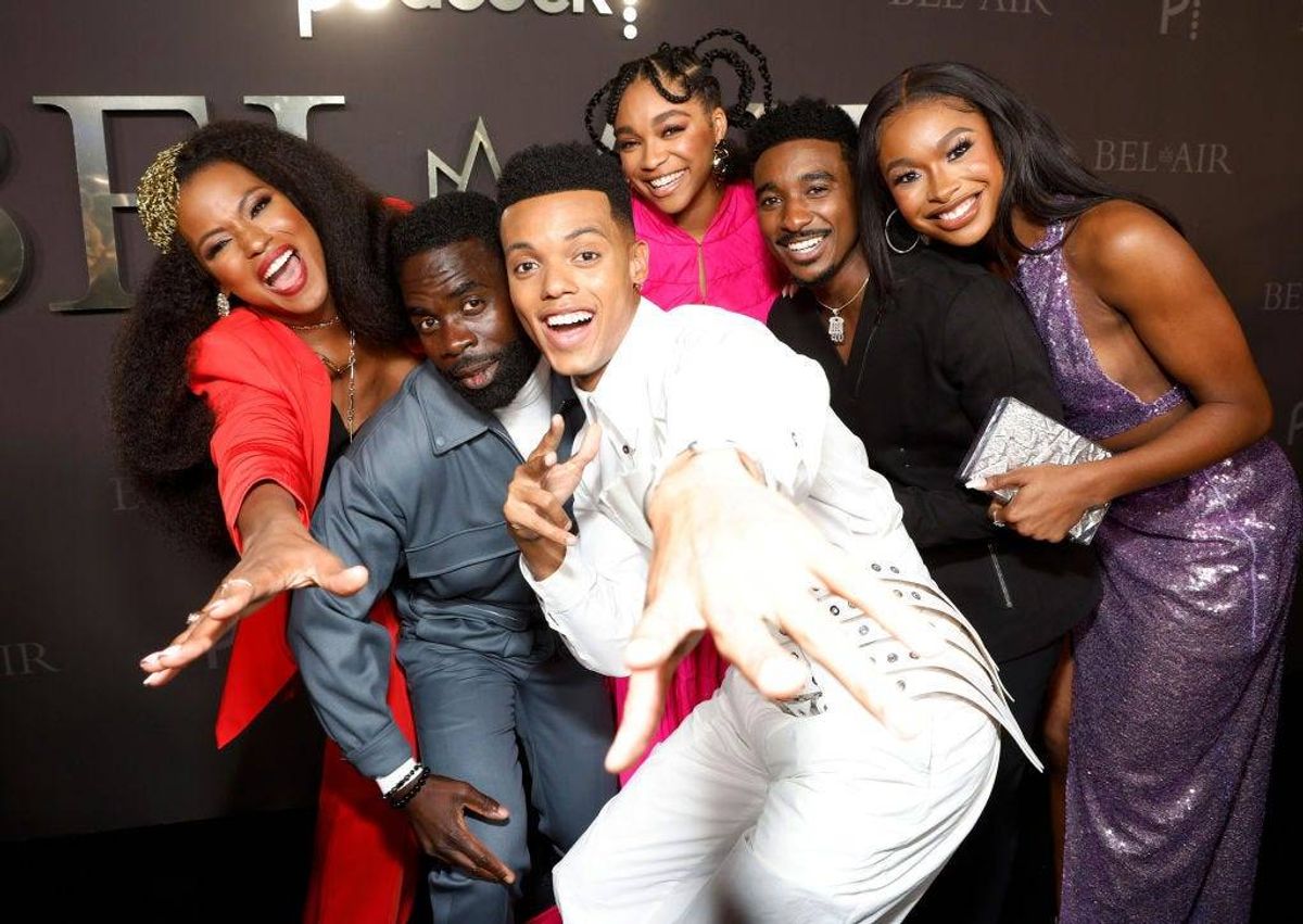 Cassandra Freeman, Jimmy Akingbola, Jabari Banks, Simone Joy Jones, Jordan L. Jones, and Coco Jones attend Peacock's new series "BEL-AIR" premiere party and drive-thru screening experience at Barker Hangar on February 09, 2022 in Santa Monica, California.