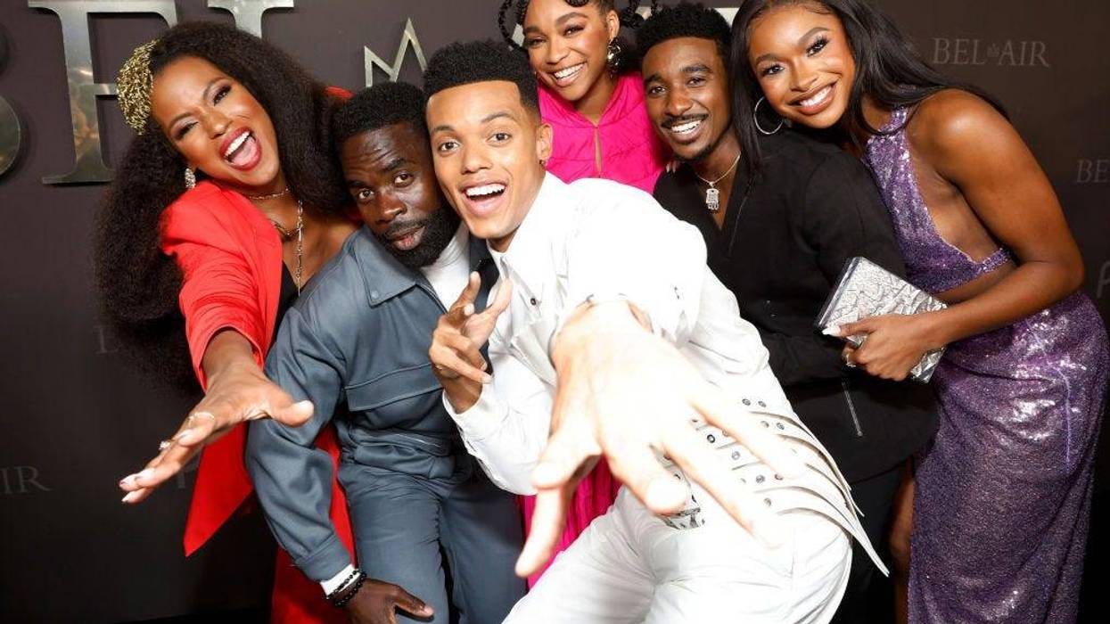 Cassandra Freeman, Jimmy Akingbola, Jabari Banks, Simone Joy Jones, Jordan L. Jones, and Coco Jones attend Peacock's new series "BEL-AIR" premiere party and drive-thru screening experience at Barker Hangar on February 09, 2022 in Santa Monica, California.