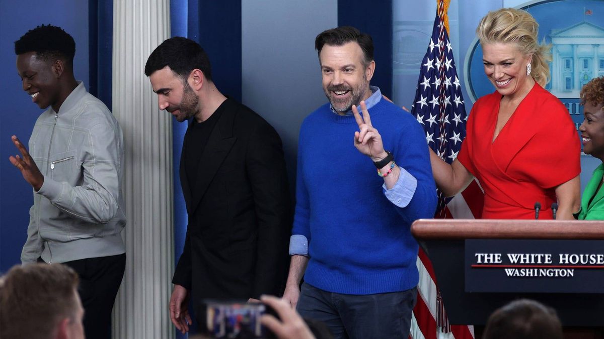 Cast members of the Apple TV+ comedy series during a White House daily news briefing