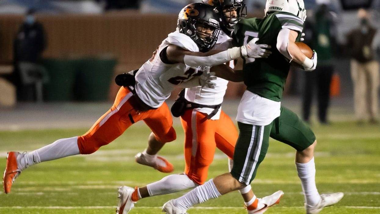 Cathedral Prep defenders chase down a Pine-Richland ball carrier in the PIAA Class 5A championship at Hersheypark Stadium on Friday, November 27, 2020