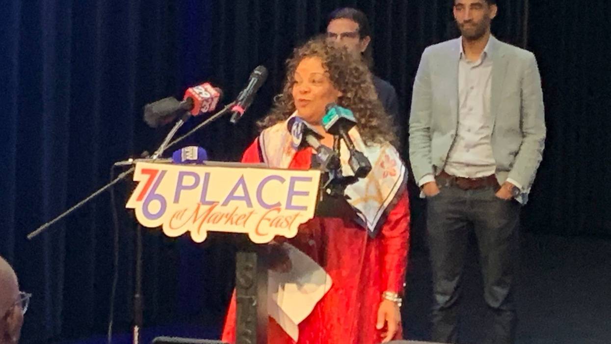 Catherine Hicks, president of the Philadelphia branch of the NAACP speaks at String Theory Charter School announcing the branch's support of the Sixers' arena at Market East.