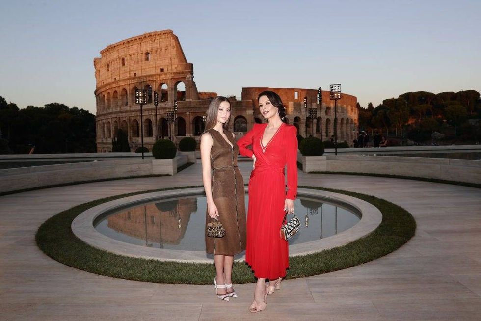 Catherine Zeta Jones and Carys Zeta Douglas attend the Cocktail at Fendi Couture Fall Winter 2019/2020 on July 04, 2019 in Rome, Italy.