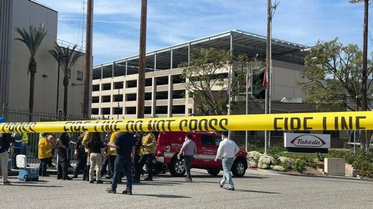Caution tape up in the Atwater Village neighorhood of Los Angeles on March 17, 2022, as firefighters investigate a hazardous material spill on Electronics Place.