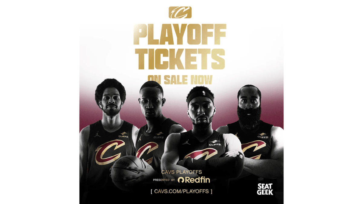 Cavs players in jerseys promoting playoff tickets on sale.