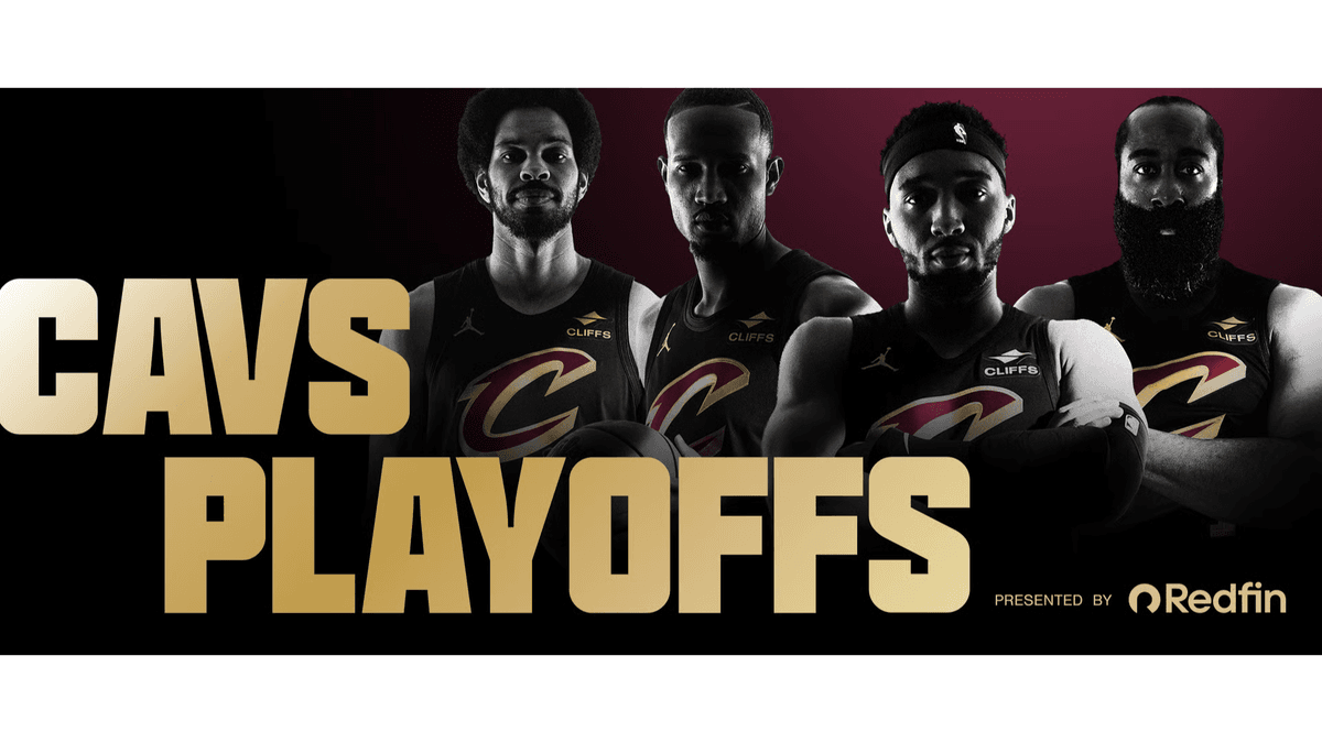 Cavs Playoffs promotional graphic featuring players in jerseys, sponsored by Redfin.