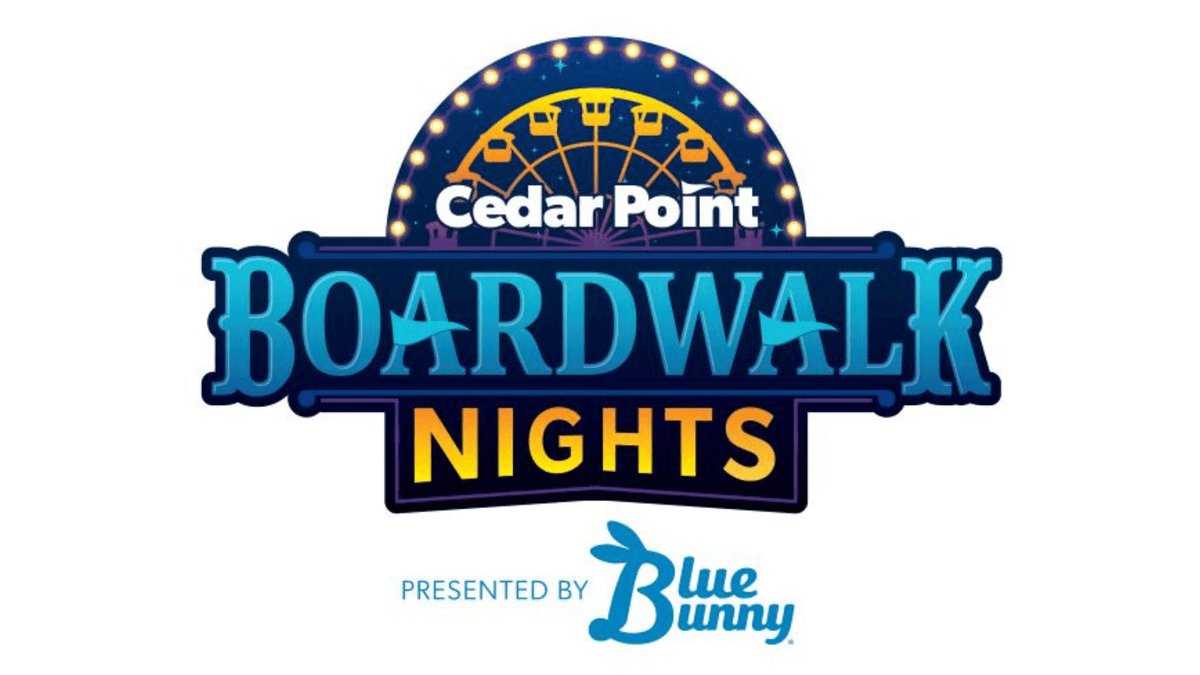 Cedar Point Boardwalk Nights logo featuring a Ferris wheel, presented by Blue Bunny.