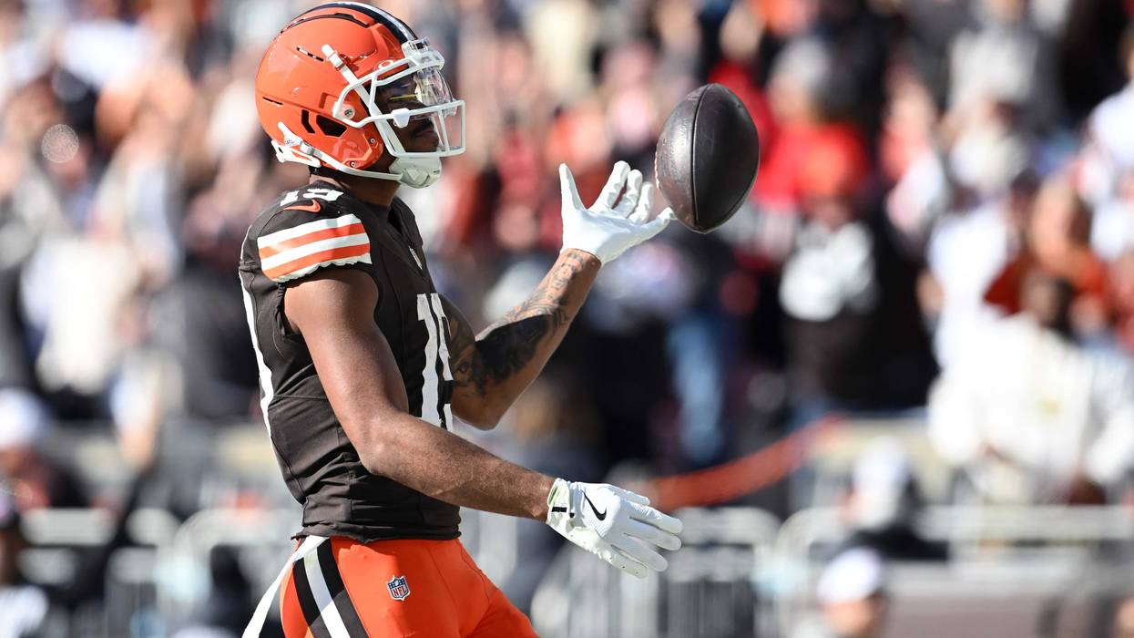 Cedric Tillman #19 of the Cleveland Browns celebrates after receiving touchdown in the third quarter of a game against the Baltimore Ravens at Huntington Bank Field on October 27, 2024 in Cleveland, Ohio.