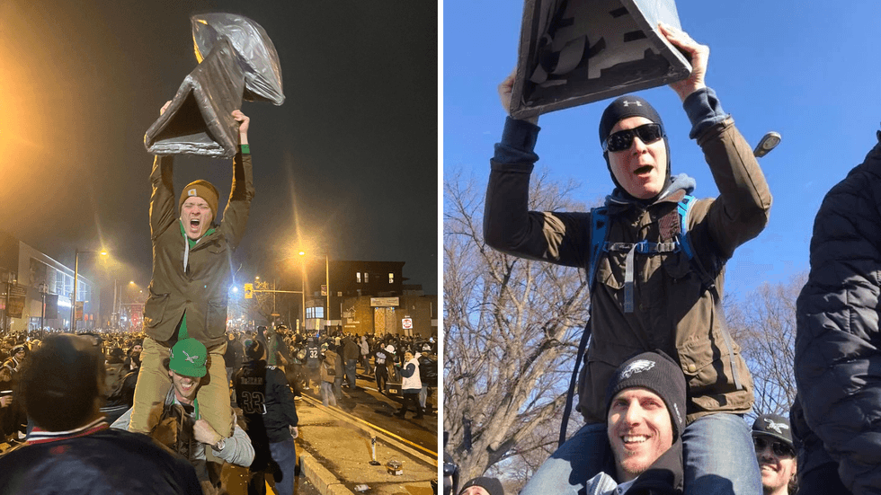 Celebrating the eagles victory with the duct tape trophies
