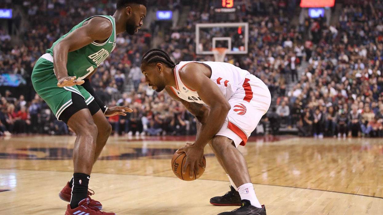 Celtics forward Jaylen Brown and Raptors forward Kawhi Leonard