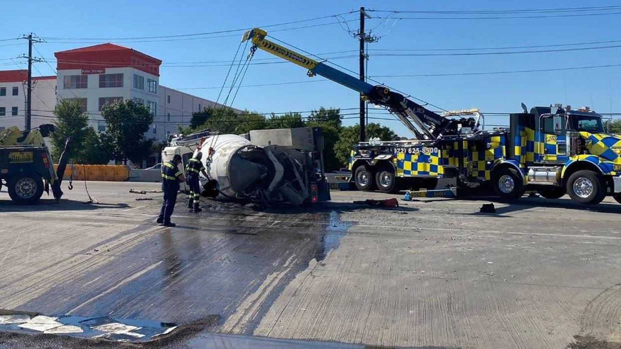 Cement mixer crashes and rolls in Little Elm