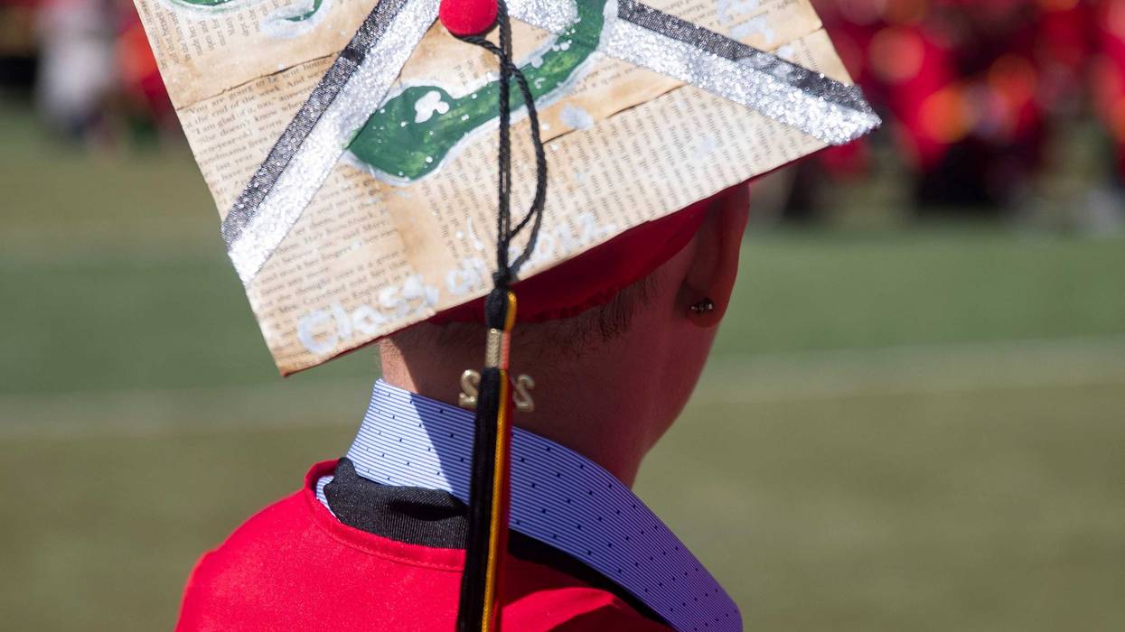 Centennial High School senior Ivory Crow's Hogwarts-inspired cap featuring a snake during the Centennial High School graduation ceremony at the Field of Dreams in Las Cruces, New Mexico on May 20, 2022. A recent survey found that New Mexico's Hogwarts house is, in fact, Slytherin.