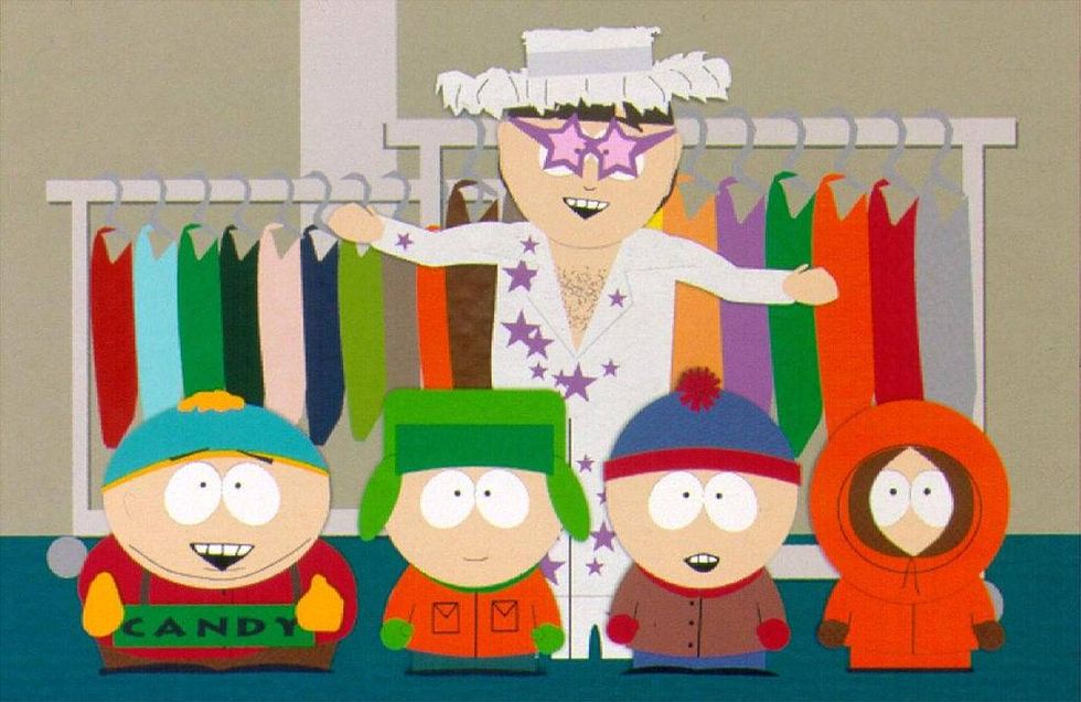 Characters from the cartoon TV show "South Park", including Elton John (rear) with (from L to R) Kenny, Stan, Kyle and Cartman are featured in a 1998 episode.