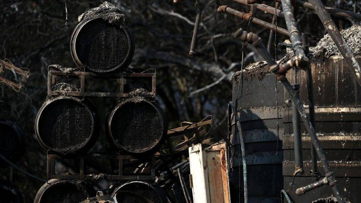 Charred wine barrells sit on racks at Paradise Ridge Winery after being destroyed by the Tubbs Fire on October 11, 2017 in Santa Rosa, California.