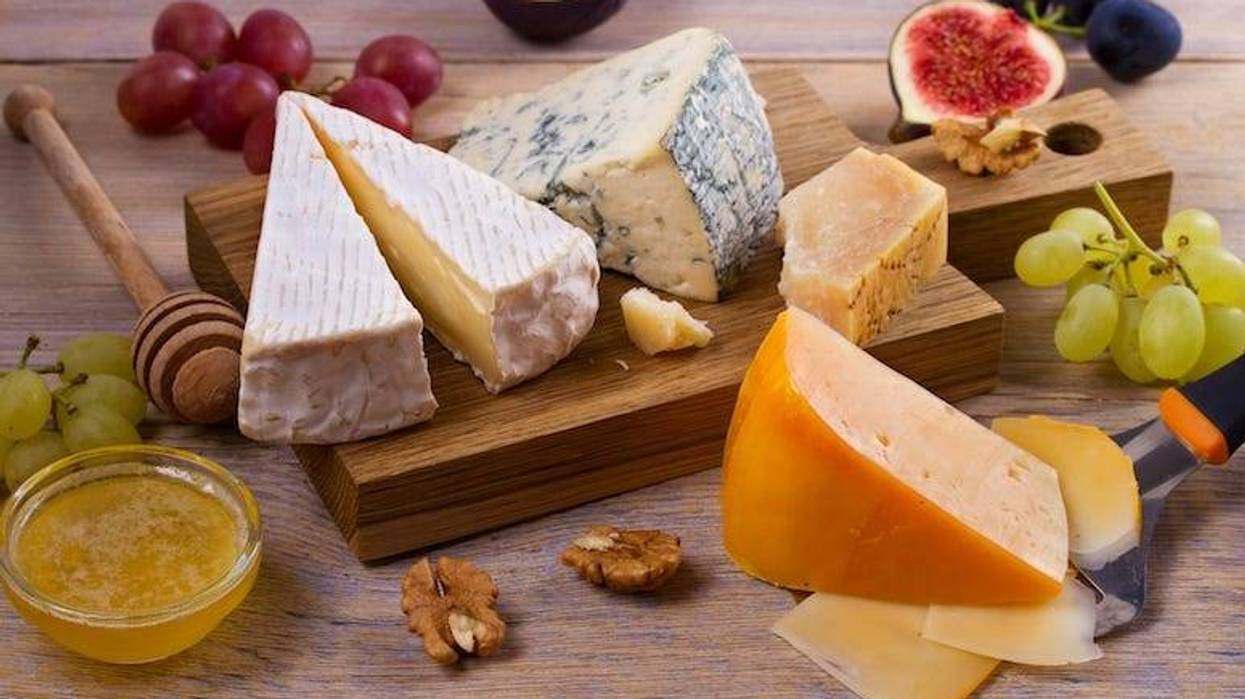 Cheese Selection, Wooden Board, Grapes, Nuts, Figs, Fruits