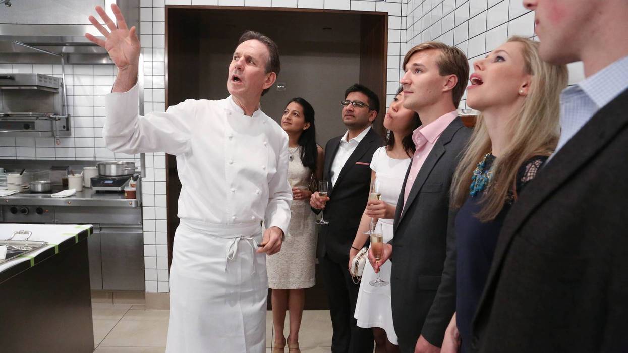Chef Thomas Keller gives a tour of the kitchen at Starwood Preferred Guest's Gourmet Experience of a Lifetime with Chef Thomas Keller at Per Se for Luck SPG Members.