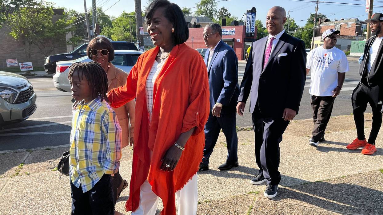 Cherelle Parker arrives at a polling place with her son and other family members to vote in the mayoral primary, May 16, 2023.