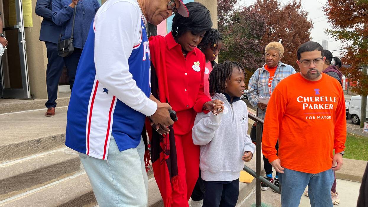 Cherelle Parker leaves her polling place with family and supporters, West Oak Lane, Nov. 7, 2023.