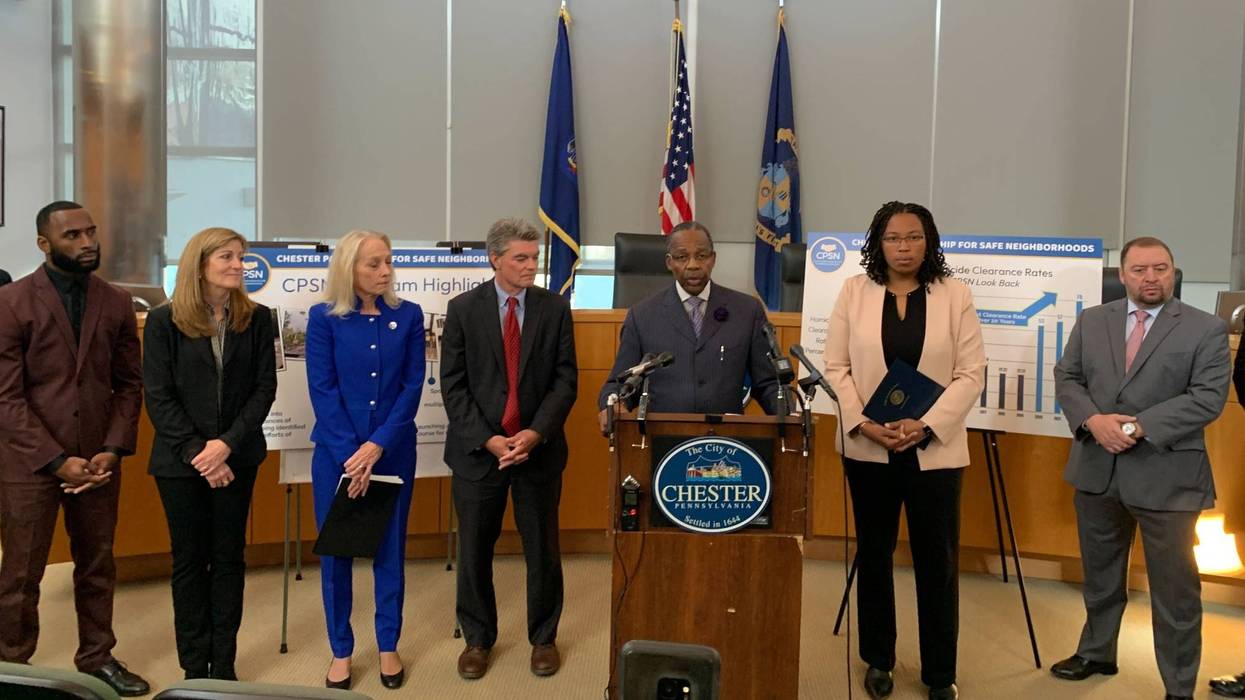 Chester Mayor Thaddeus Kirkland at the podium, with Delaware County District Attorney Jack Stollsteimer next to him on the left.