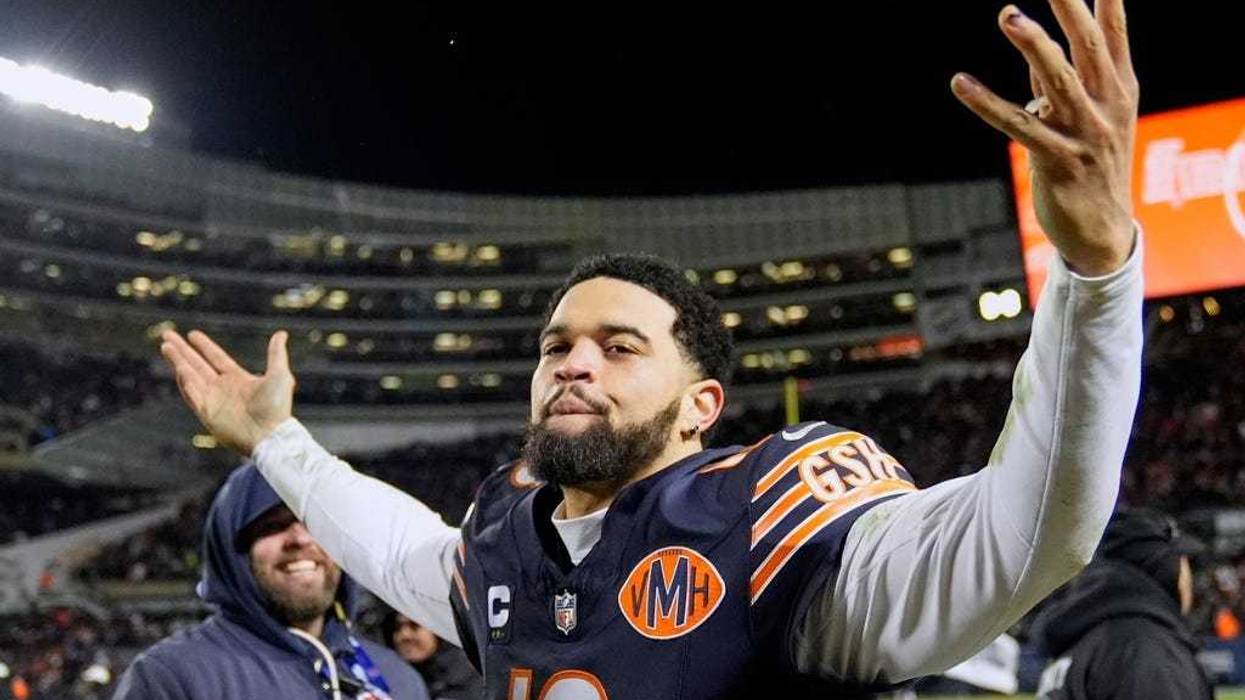 Chicago Bears' Caleb Williams celebrates after an NFL wild-card playoff football game against the Green Bay Packers Saturday, Jan. 10, 2026, in Chicago.