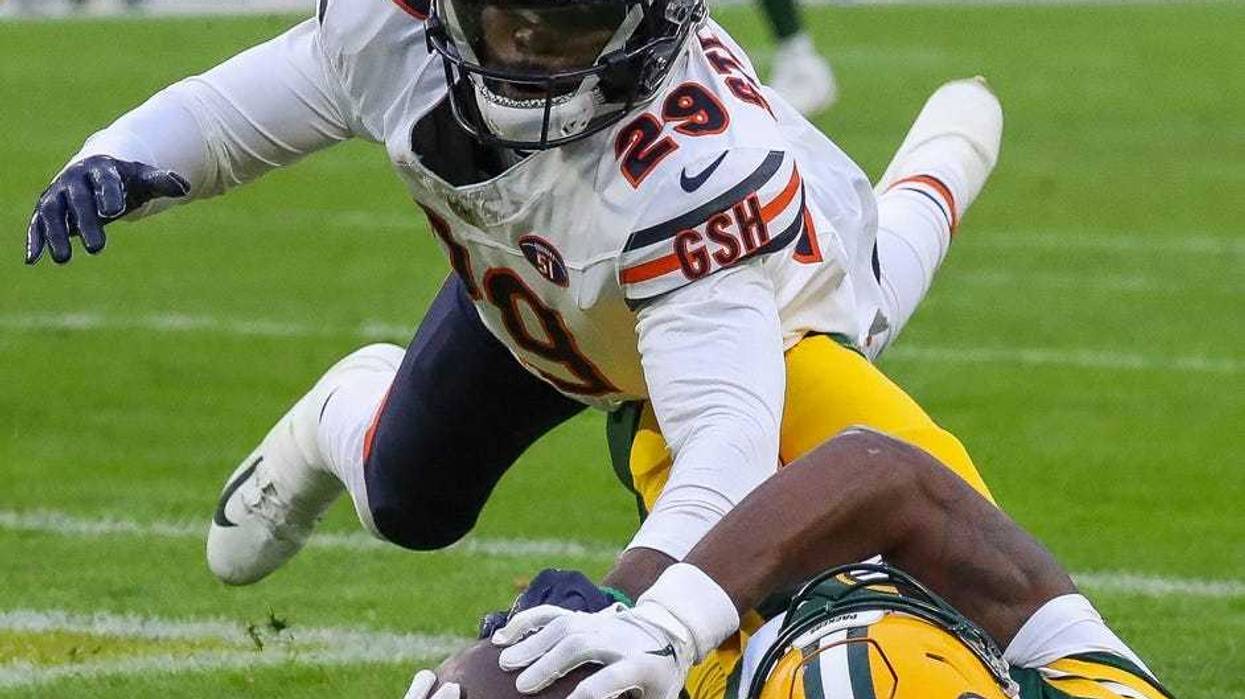 Chicago Bears cornerback Tyrique Stevenson breaks up a pass intended for Green Bay Packers wide receiver Romeo Doubs in the end zone on Sunday, January 7, 2024, at Lambeau Field in Green Bay, Wis. The Packers won the game, 17-9, to clinch an NFC playoff berth.
