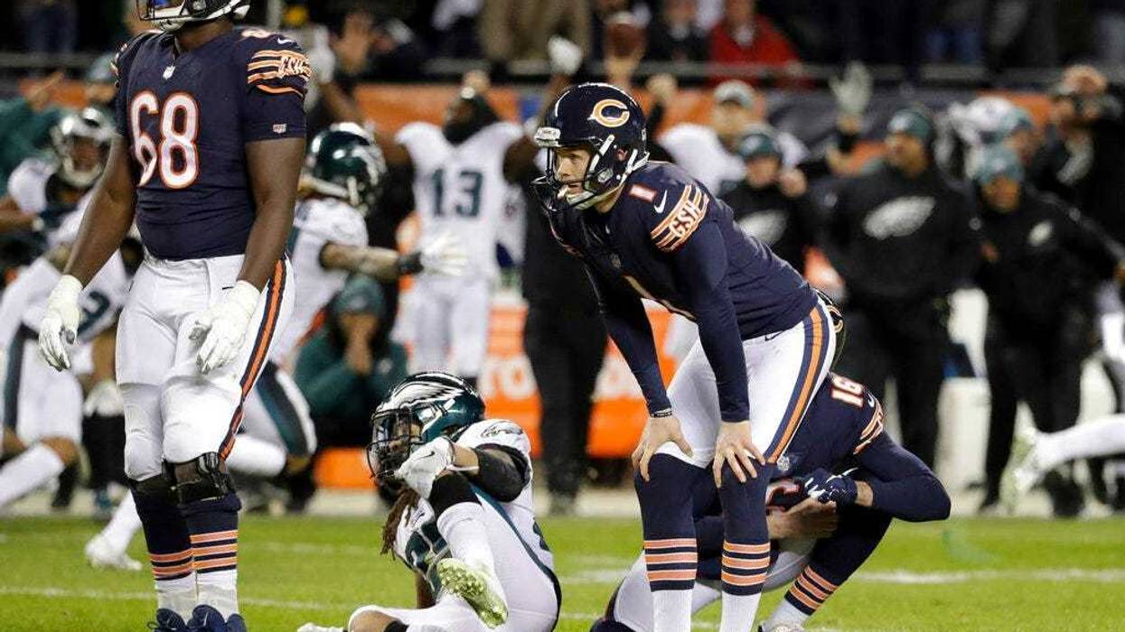 Chicago Bears kicker Cody Parkey (1) reacts after missing a field goal in the closing minute of the team's NFL wild-card playoff football game against the Philadelphia Eagles in Chicago.