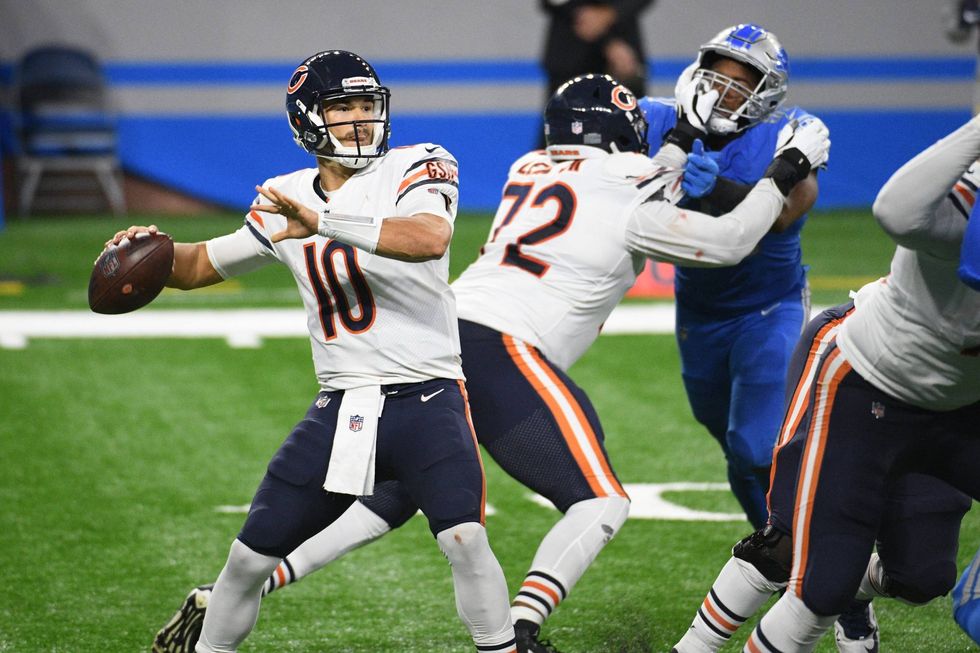 Chicago Bears quarterback Mitchell Trubisky (10) drops back to pass 2 against the Detroit Lions at Ford Field.