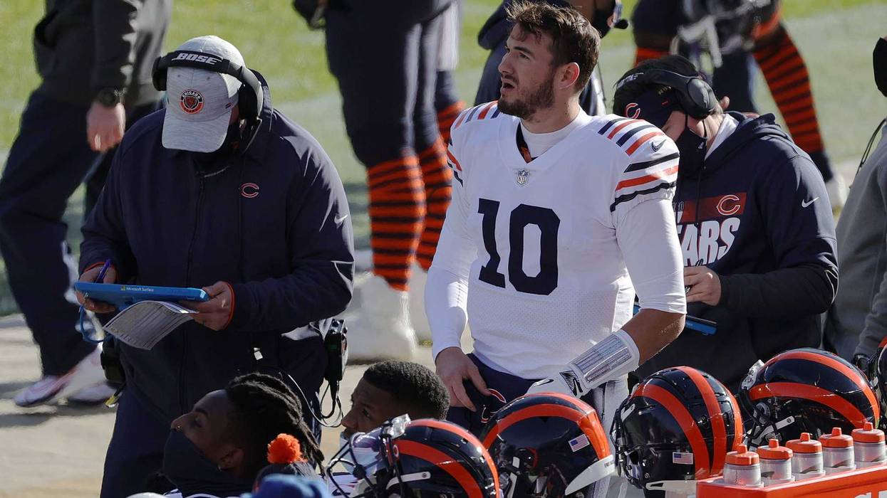 Chicago Bears quarterback Mitchell Trubisky #10 looks on from the sidelines against the Houston Texans during the first quarter at Soldier Field on December 13, 2020 in Chicago, Illinois.