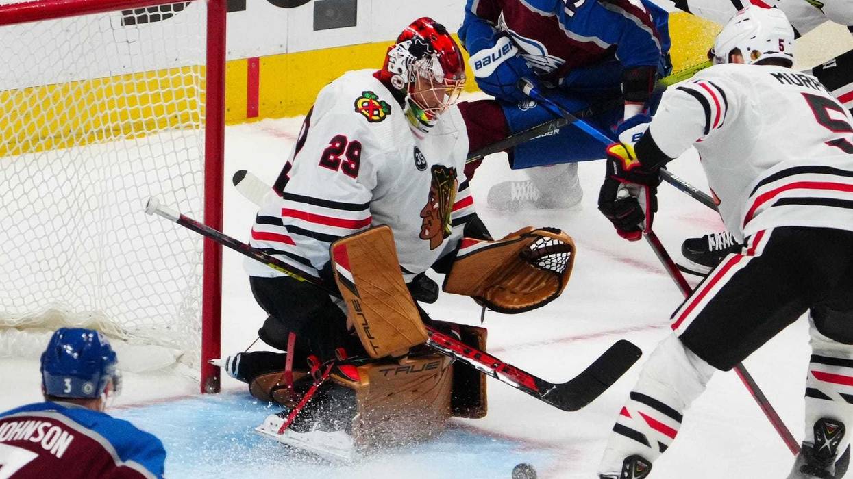 Chicago Blackhawks goaltender Marc-Andre Fleury (29) defends his net in the third period against the Colorado Avalanche at Ball Arena.