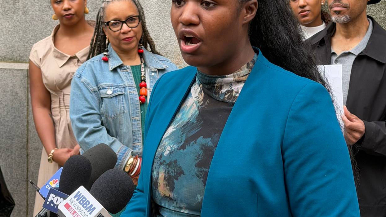 Chicago Community Commission for Public Safety and Accountability member Abierre Minor speaks outside Chicago City Hall March 26, 2026