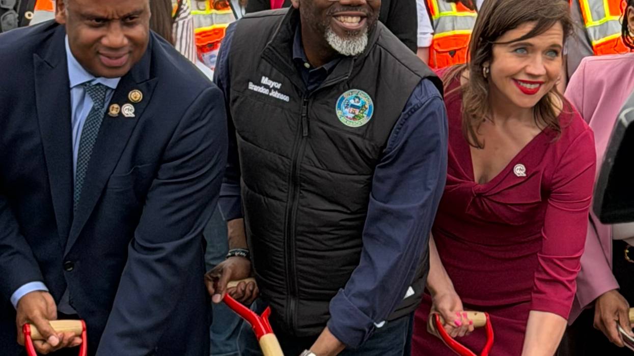 Chicago Congressman Jonathan Jackson (left), Chicago Mayor Brandon Johnson and acting CTA President Nora Leerhsen break ground on a planned new CTA Red Line "L" station at 115th and Michigan.