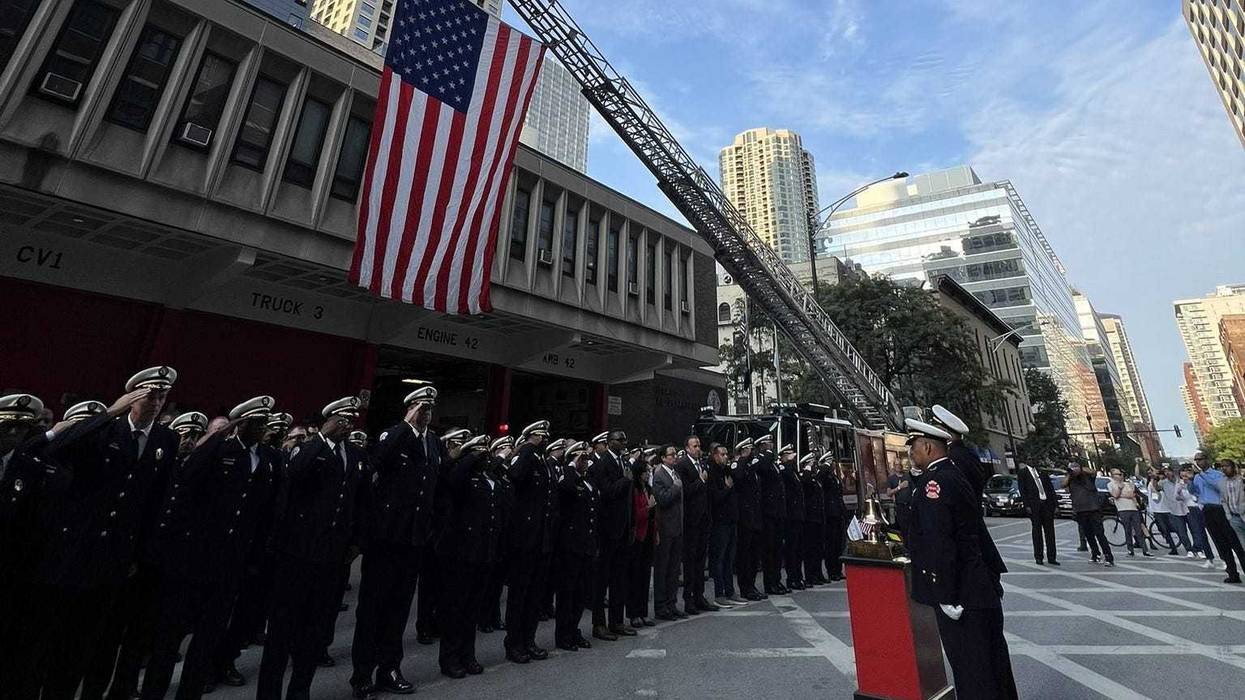 Chicago firefighters, aldermen and Mayor Brandon Johnson gather at Engine No. 42 in River North for the ceremonial ringing of the bell and moment of silence in remembrance of the 9/11 terrorist attacks that took place in New York City 23 years ago.