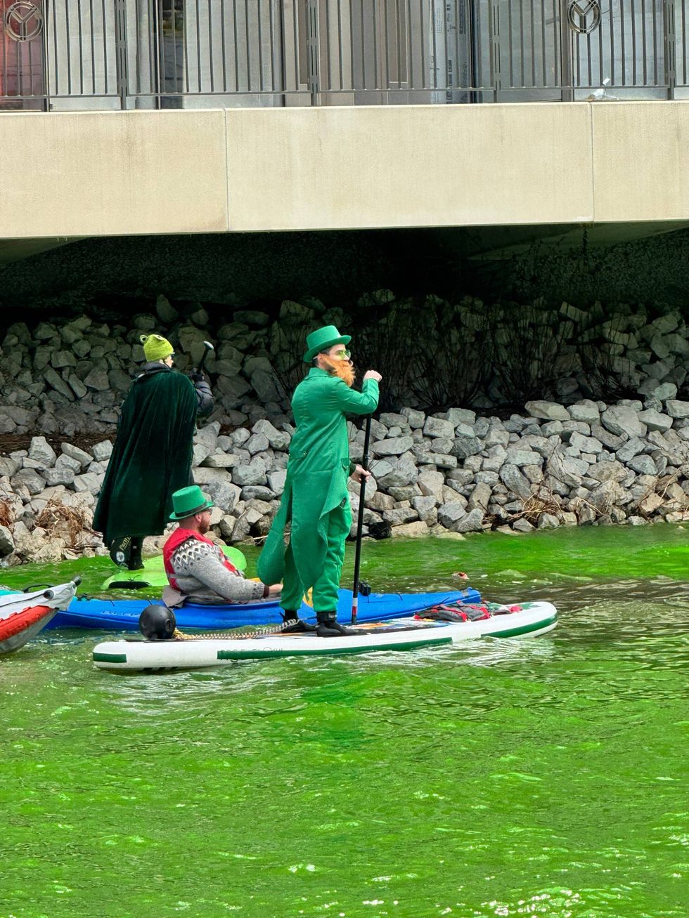 Chicago Journeymen Plumbers, Local 130, have turned the Chicago River into a bright green celebration of St. Patrick