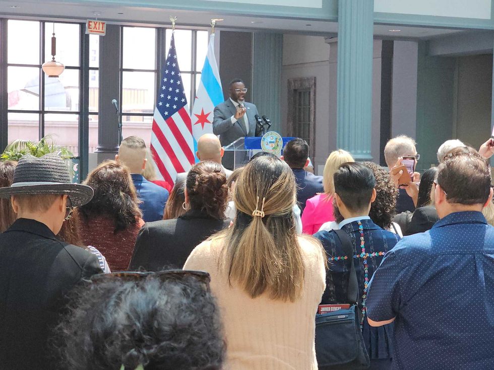 Chicago Mayor Brandon Johnson addresses a crowd of immigrants, advocates, and elected officials on Thur. June 5, 2025 at the 9th floor Winter Garden inside the city