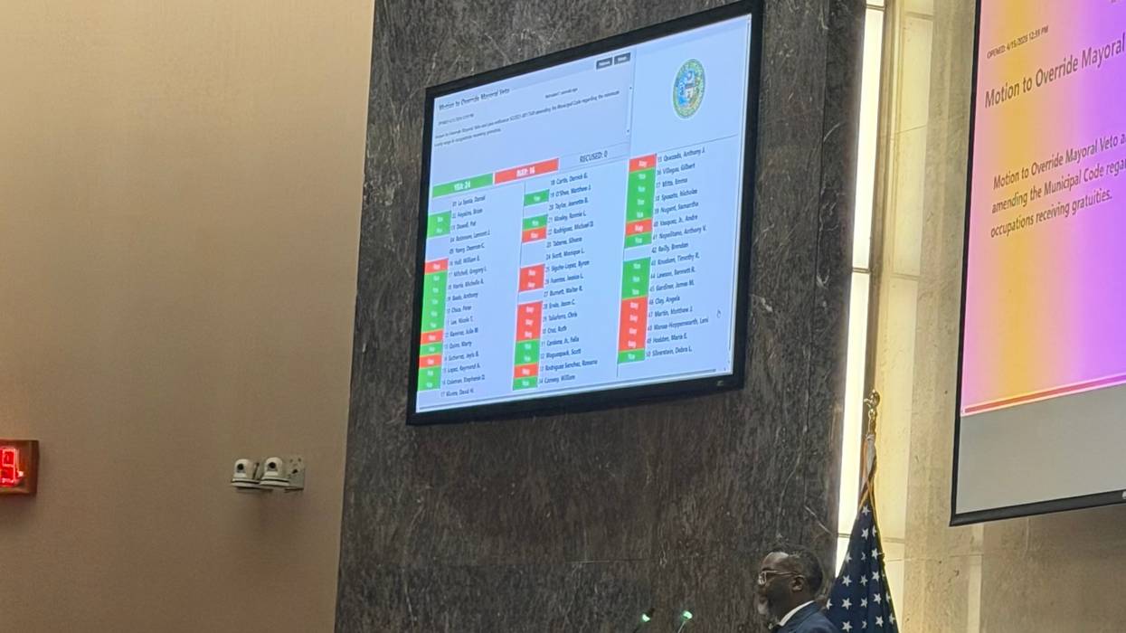 Chicago Mayor Brandon Johnson (right) and Corporation Counsel Mary Richardson-Lowry watch the voting on an attempted veto override by City Council, April 15, 2026.