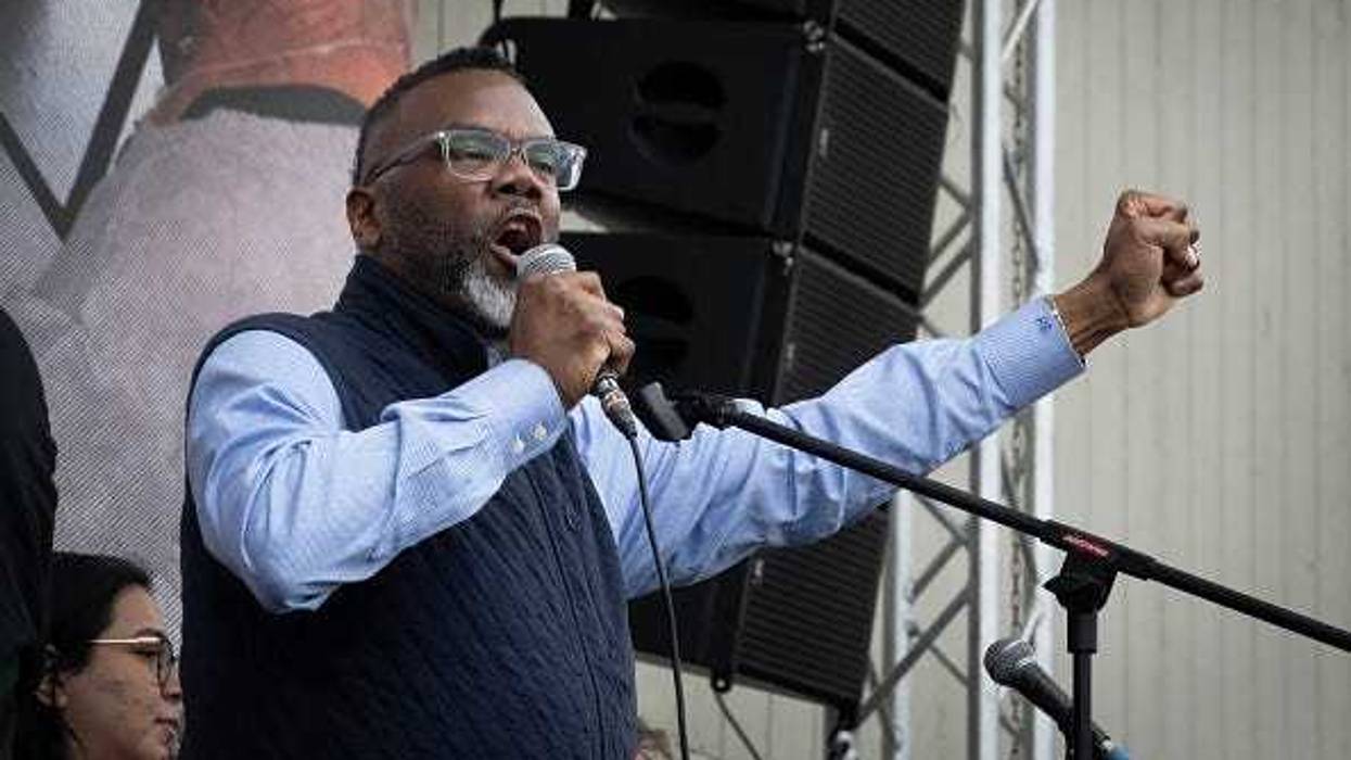 Chicago Mayor Brandon Johnson speaks to demonstrators in Grant Park who were protesting the policies of President Donald Trump and showing their support for union labor on May 01, 2025 in Chicago, Illinois. The demonstration was one of more than a thousand scheduled to take place around the country today. (Photo by Scott Olson/Getty Images)