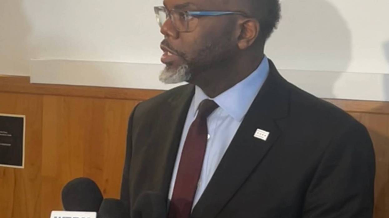 Chicago mayor Brandon Johnson speaks with reporters at the Polish American Museum in the West Town neighborhood.