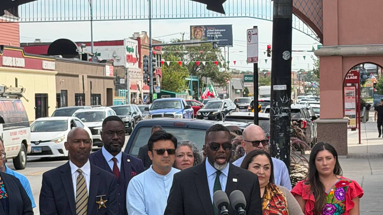 Chicago Mayor Brandon Johnson talks about preparations for Saturday's Mexican Independence Day Parade in Little Village, as (from left) Interim Police Supt. Fred Waller, Ald. Byron Sigcho-Lopez (25th Ward) Mexican Consul General Reyna Torres Mendivil and El Grito Chicago organizer Corina Sanchez look on.