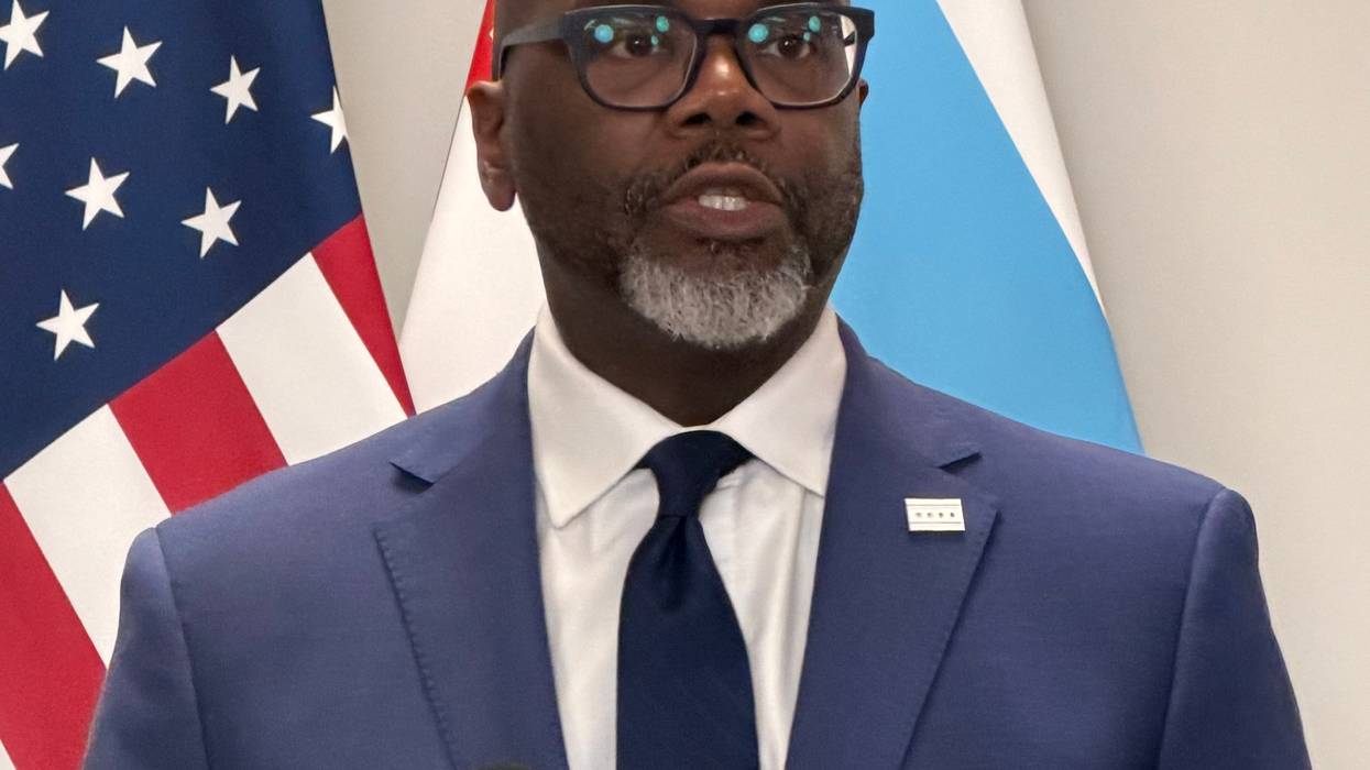 Chicago mayor Brandon Johnson talks to reporters at City Hall, May 27, 2026.