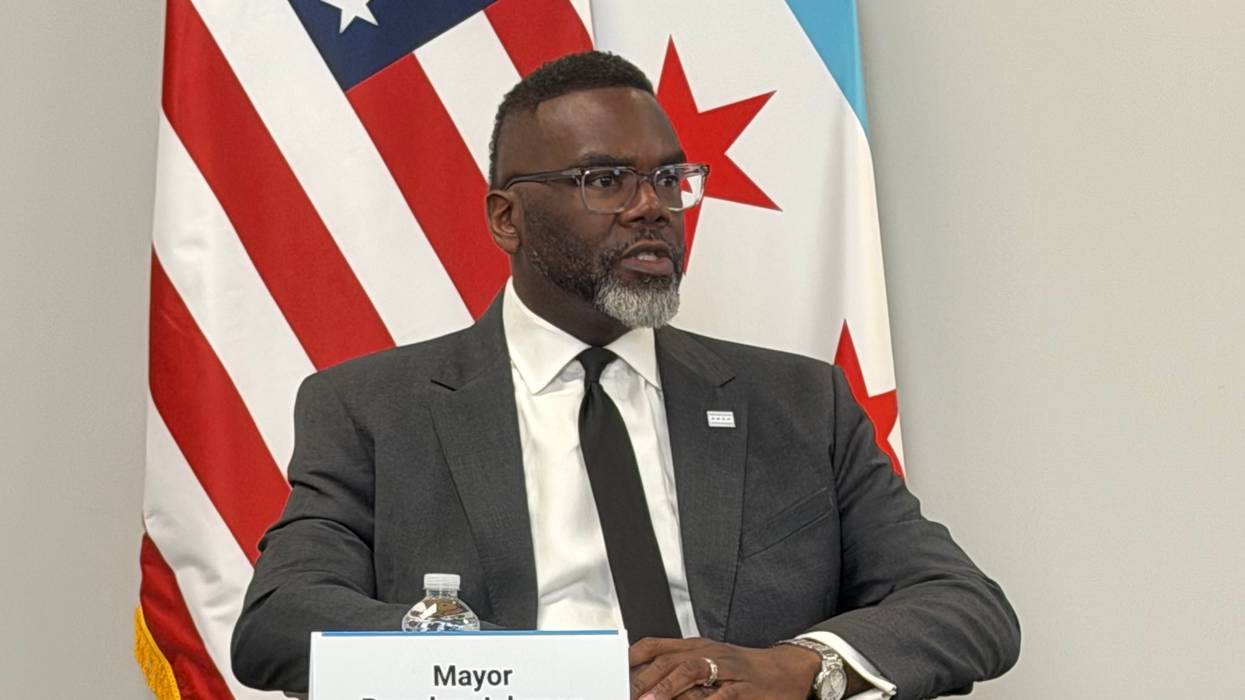Chicago mayor Brandon Johnson talks to reporters at City Hall, May 5, 2026.