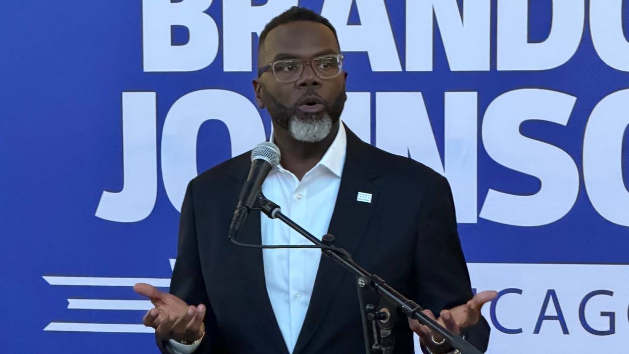 Chicago Mayor Brandon Johnson talks to reporters at his re-election campaign kickoff, September 13, 2026.