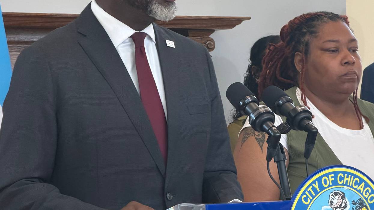 Chicago Mayor Brandon Johnson updates reporters on the city's response to the fatal August 29 mass shooting in Washington Park. South side Ald. Jeanette Taylor (20th Ward) is to his left.