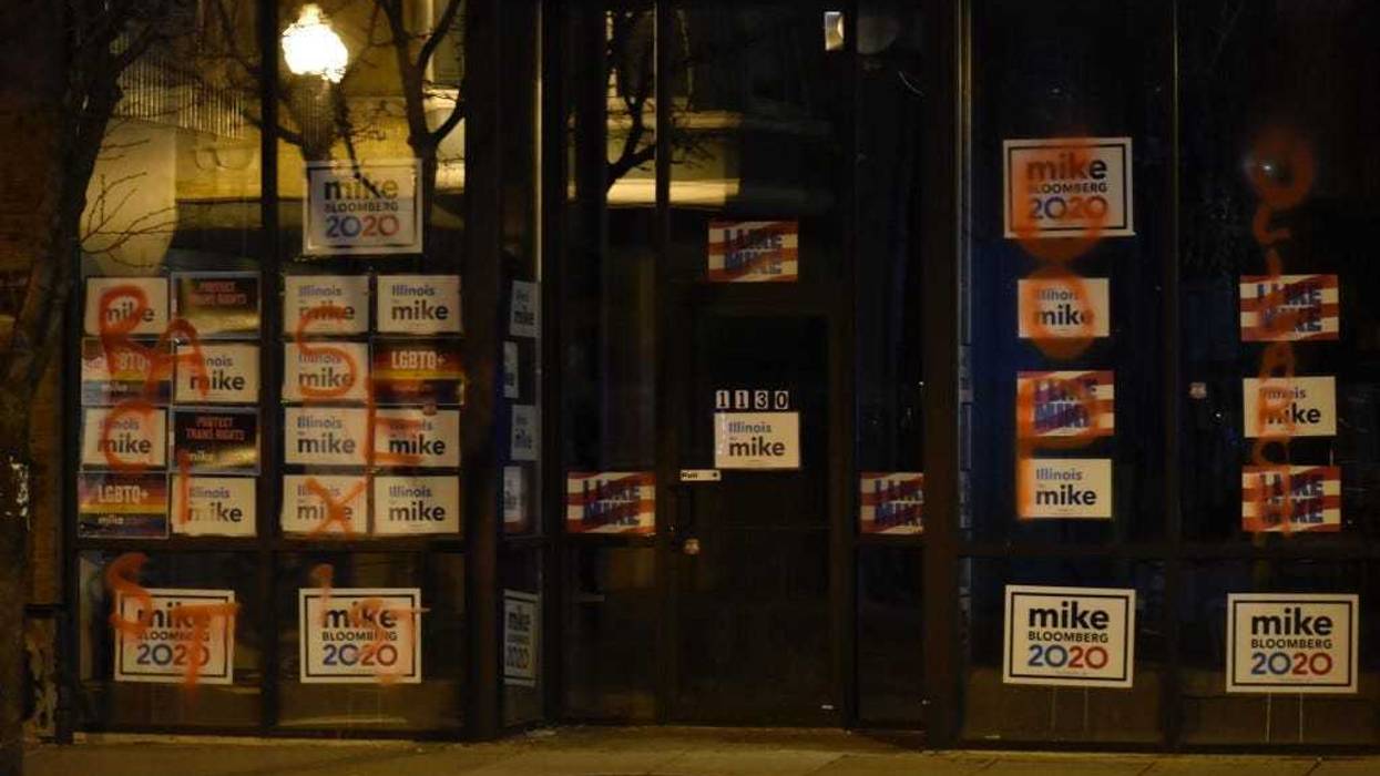 Chicago police are investigating after the words “racist,” “sexist,” “GOP” and “oligarch” were spray-painted on the front of Mike Bloomberg’s presidential campaign office, 1130 W. Bryn Mawr Ave., on Feb. 24, 2020.