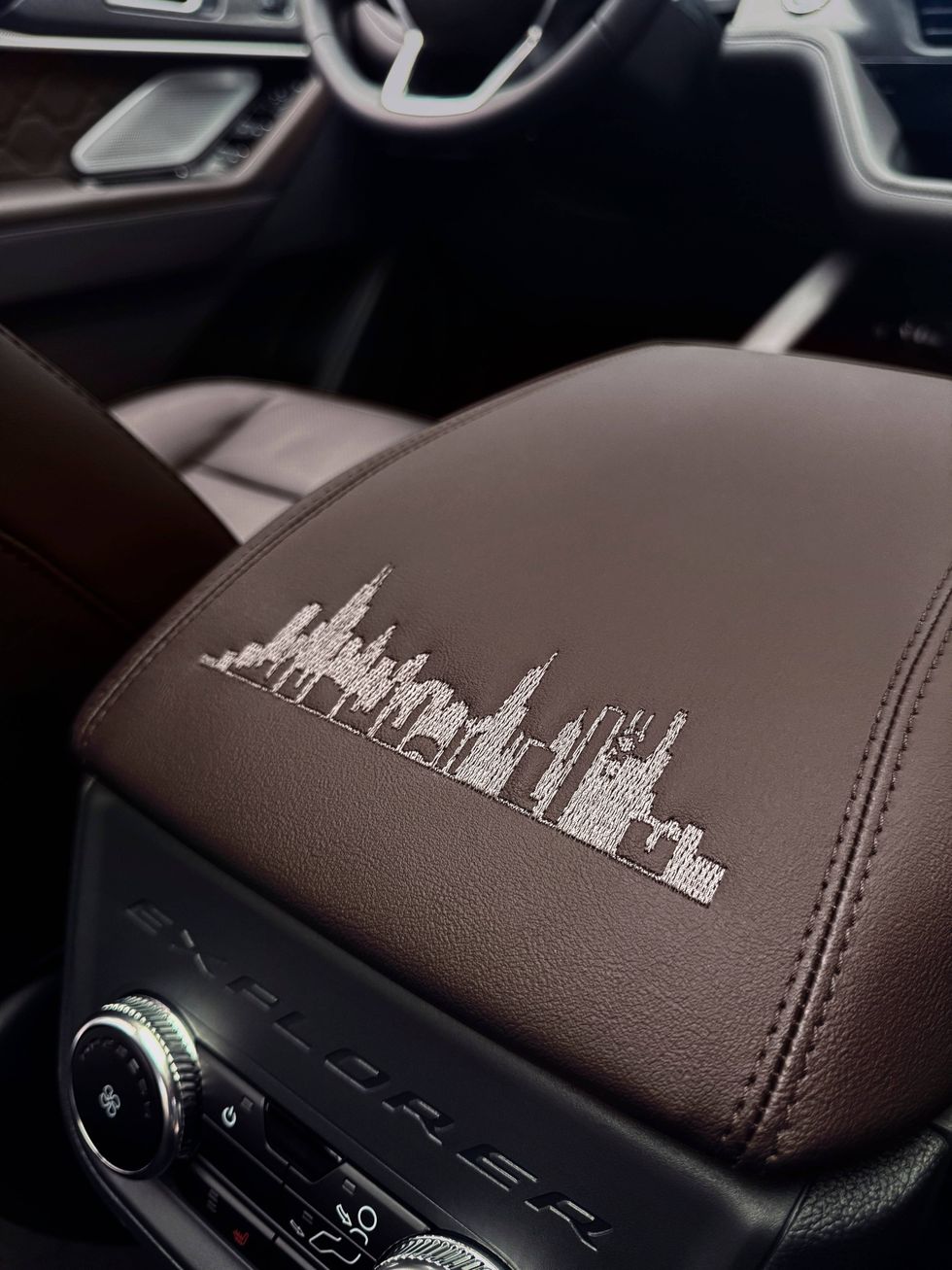 Chicago skyline stitched into center console
