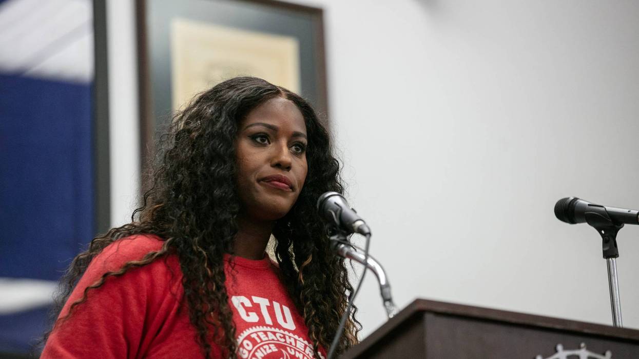 Chicago Teachers Union President Stacy Davis Gates speaks at a rally in support of the labor union strike at the UAW Local 551 hall Oct. 7, 2023, in Chicago.