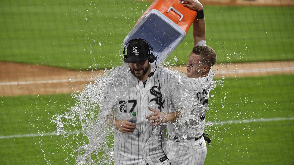 Chicago White Sox starting pitcher Lucas Giolito (27) doused with water after his no hitter against the Pittsburgh Pirates at Guaranteed Rate Field.
