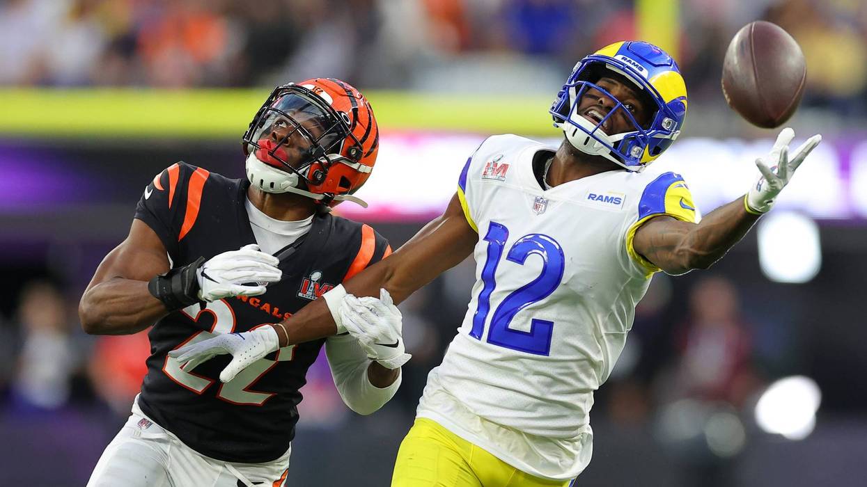 Chidobe Awuzie #22 of the Cincinnati Bengals breaks up a pass meant for Van Jefferson #12 of the Los Angeles Rams in the second quarter during Super Bowl LVI at SoFi Stadium on February 13, 2022 in Inglewood, California.